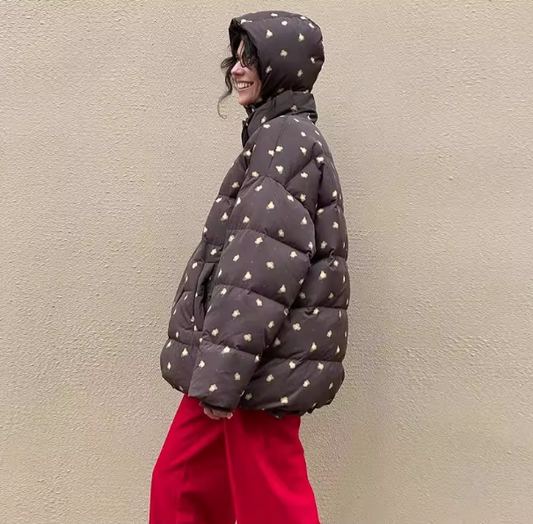 Hooded Flower Printed Women's Cotton Coat