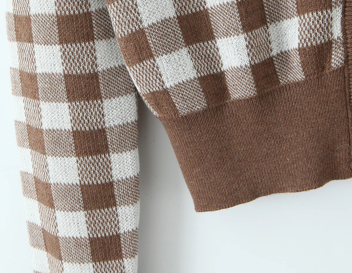 Slim Plaid Knitted V-neck Full Sleeve with Button Cardigan