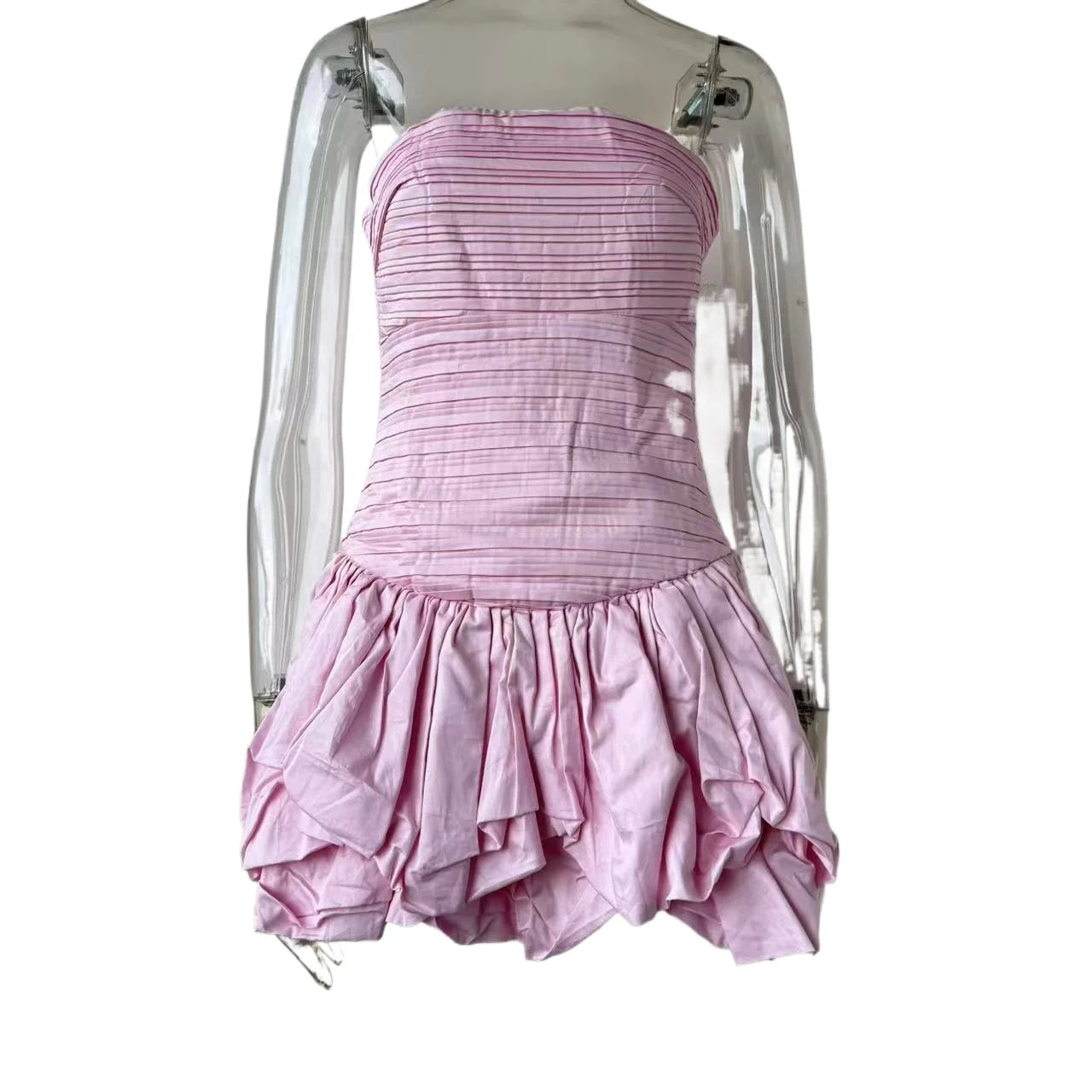 Pastel Pink Folds Sleeveless Bubble Hem Beach Mini Dress