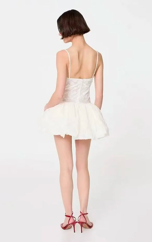 Textured Floral V-Neck Bubble Hem Mini Dress