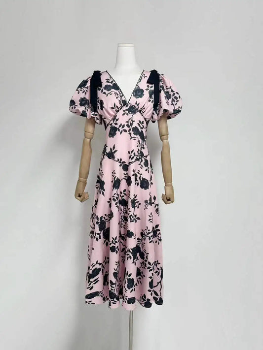 V-Neck Puff Sleeve Black Rose Floral Midi Dress