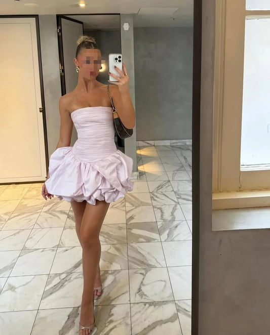 Pastel Pink Folds Sleeveless Bubble Hem Beach Mini Dress