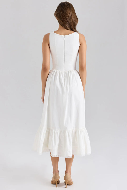 White Corset Lace-Up Tiered Midi Dress