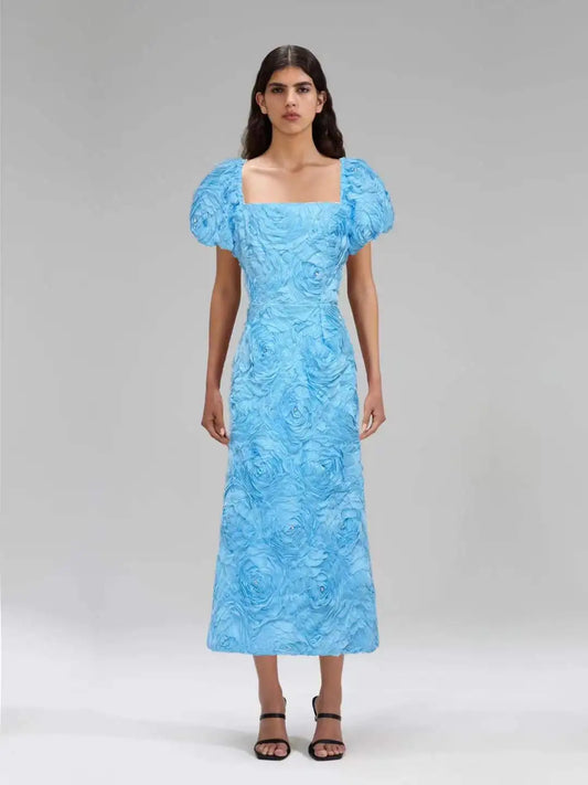 3D Floral Rose Puff Sleeve Square Neck Midi Dress