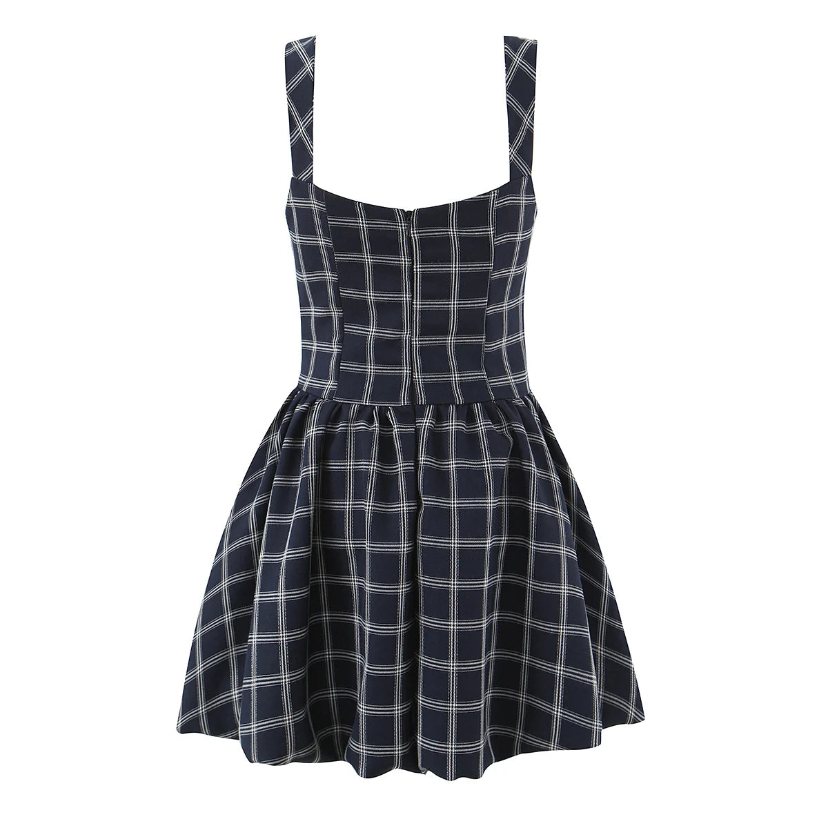 Blue Plaid Sweetheart Neck Bubble Hem Mini Dress