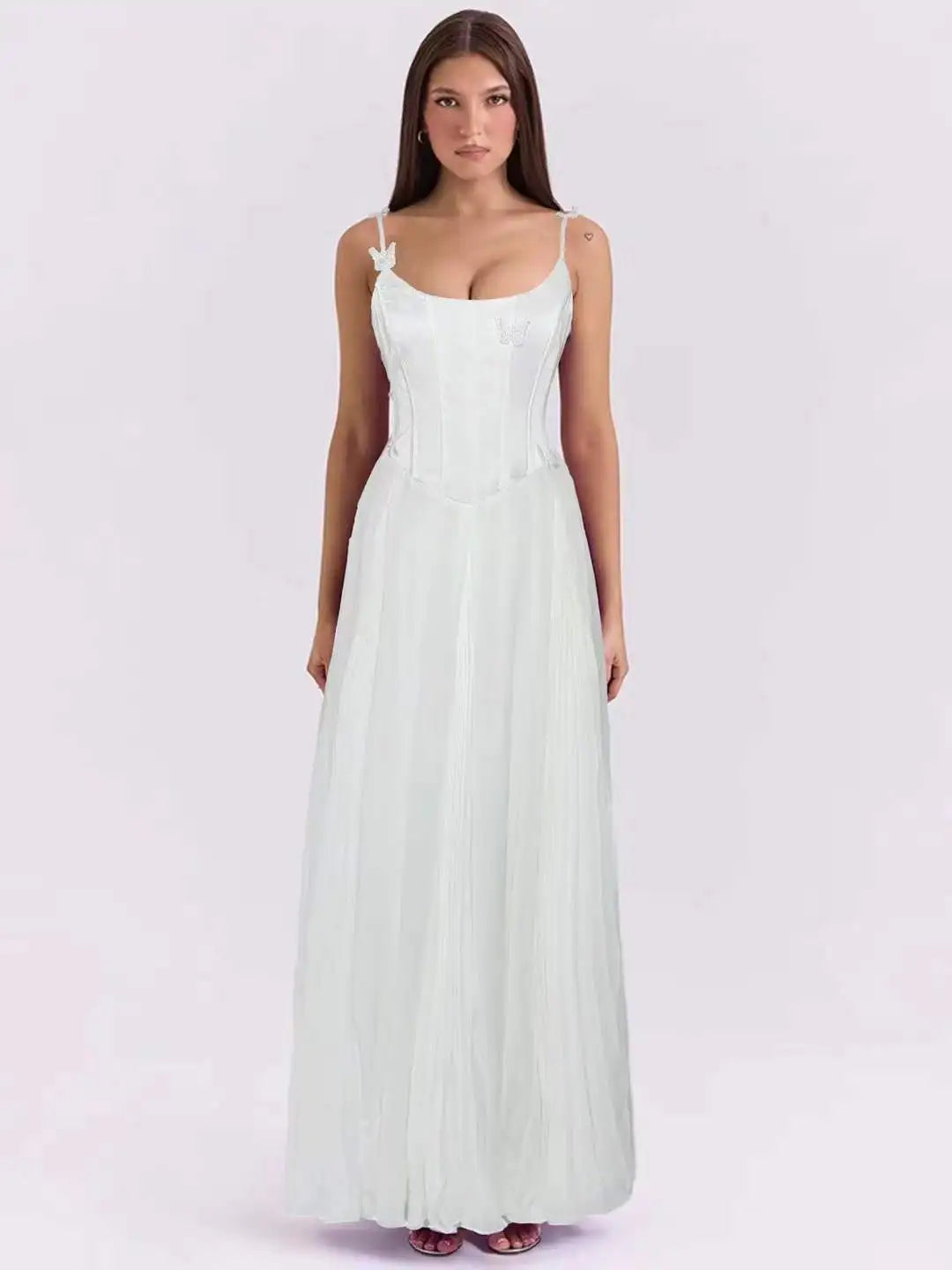 Butterfly Applique Corset Chiffon Maxi Dress