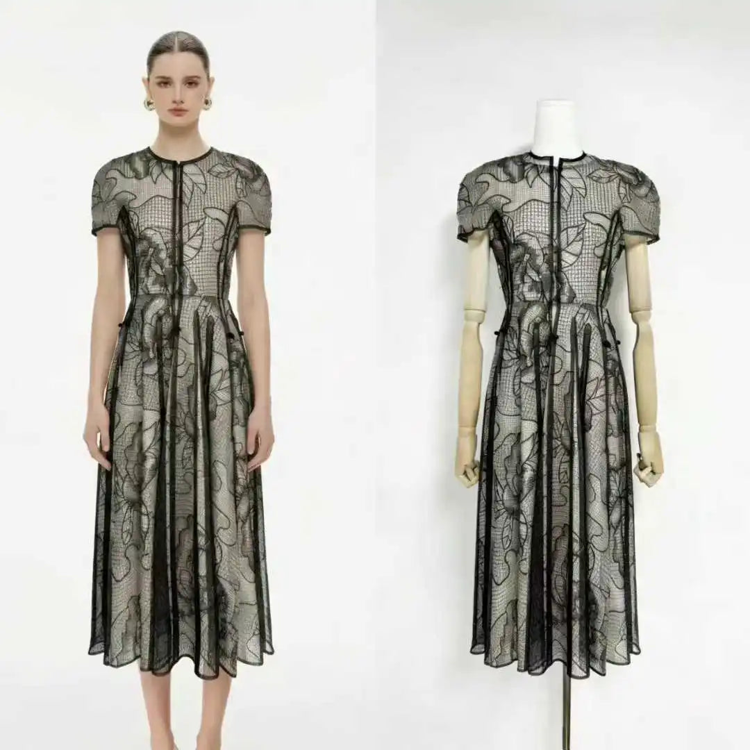 Sheer Black Floral Lace Short Sleeve Midi Dress