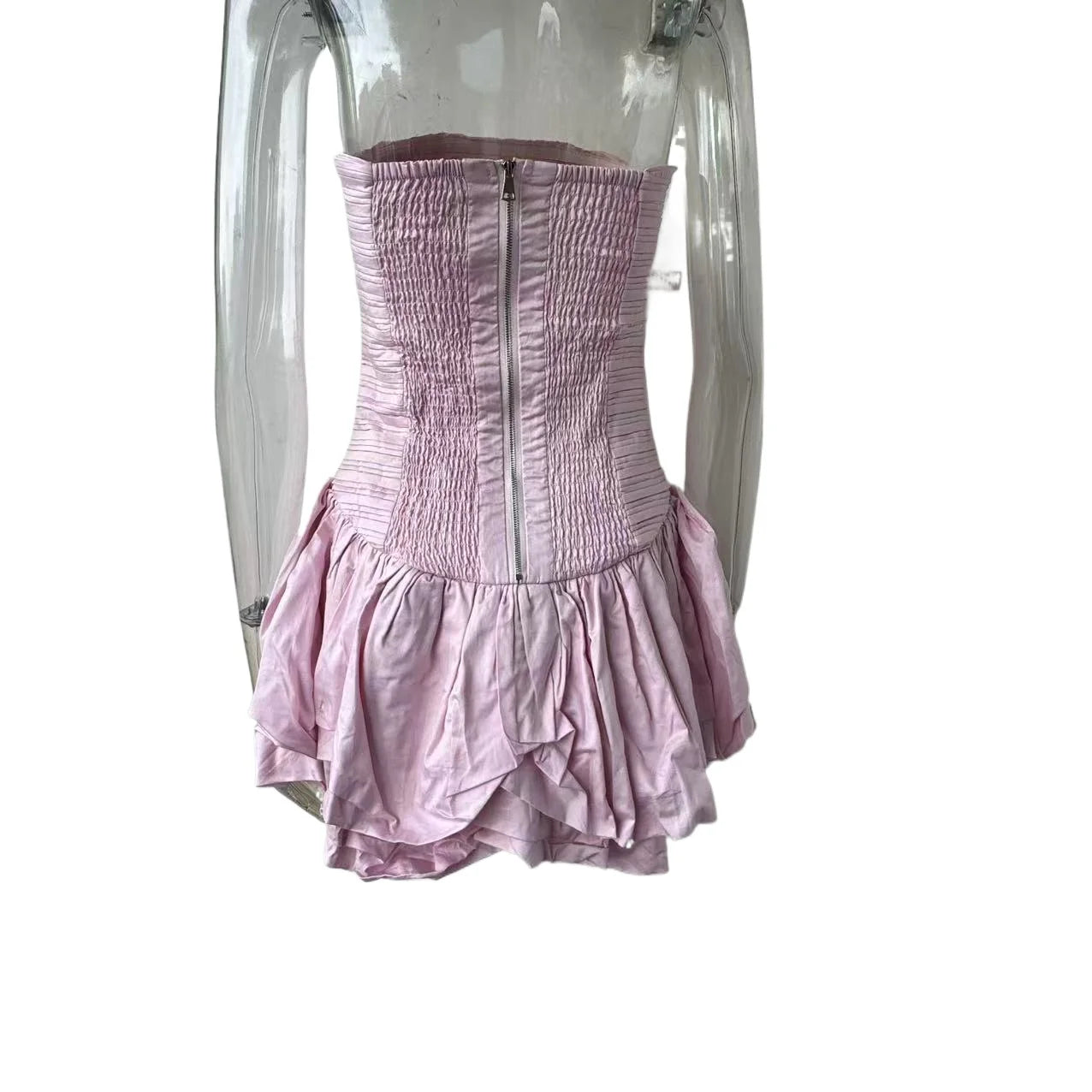 Pastel Pink Folds Sleeveless Bubble Hem Beach Mini Dress