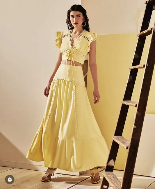 V-neck Top and A-line Loose Skirts Sets