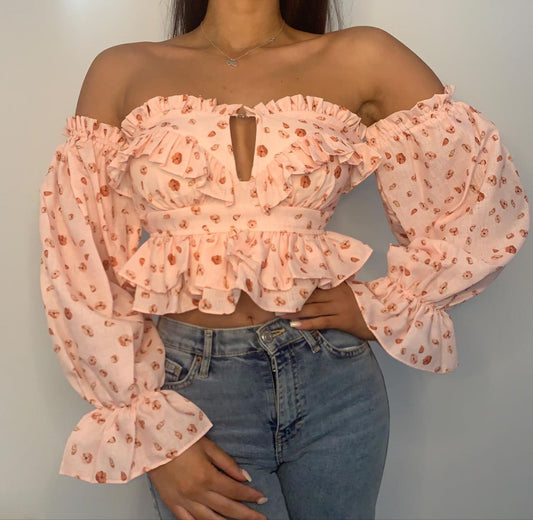 Print Slash Neck Women Bodice Sexy Off The Shoulder Long Sleeve Blouse Top