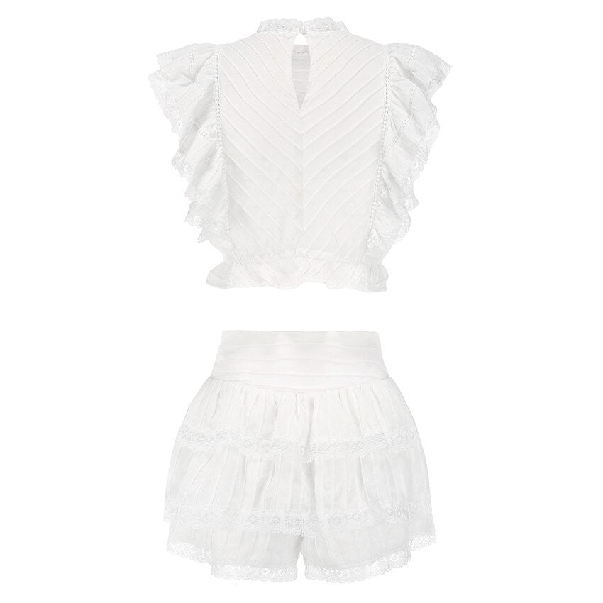Sexy Hollow Out Lace Suits Ruffles Two Piece Set-White
