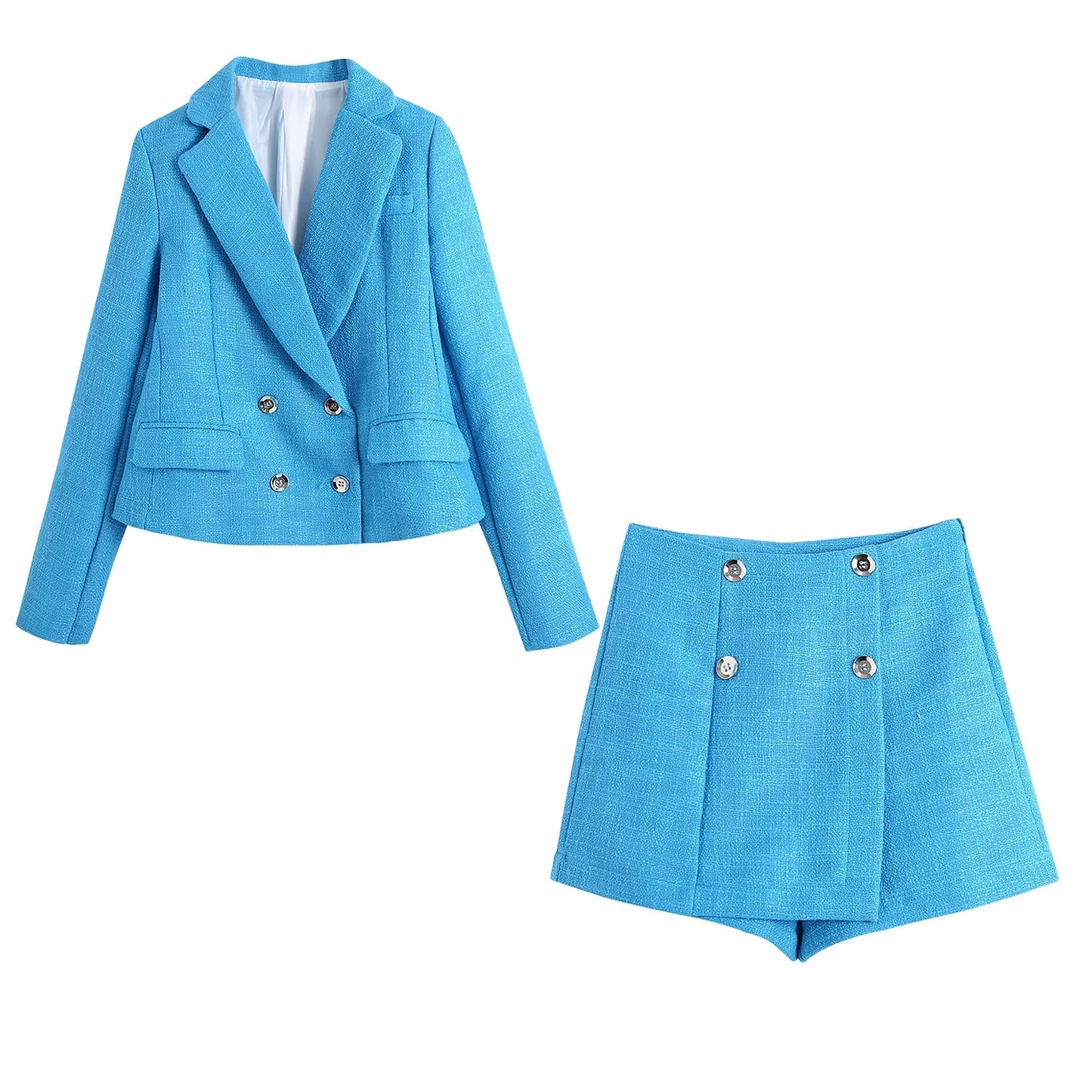 Double-breasted Casual Loose Long-sleeved Blazer Coat and Shorts Women Sets
