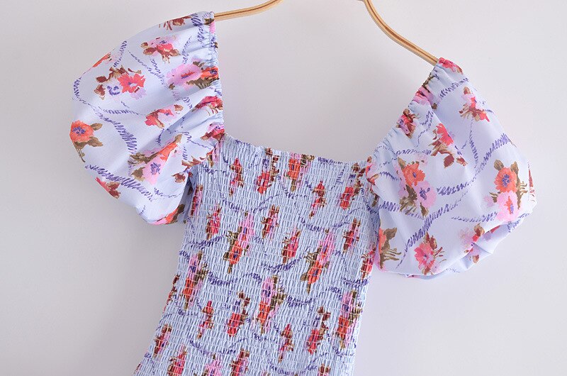 Print Bodice Blue Floral Asymmetrical Puff Sleeve Mini Dress