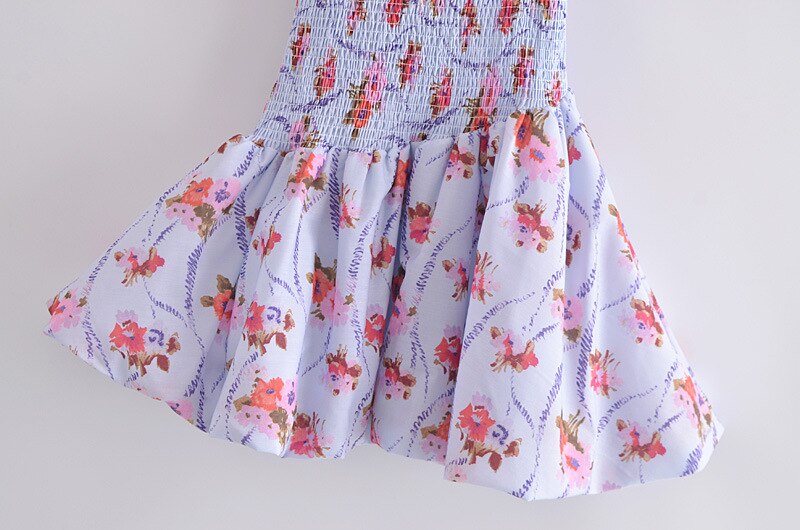 Print Bodice Blue Floral Asymmetrical Puff Sleeve Mini Dress