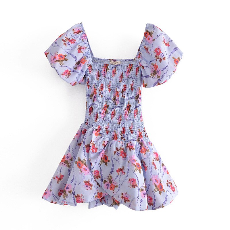 Print Bodice Blue Floral Asymmetrical Puff Sleeve Mini Dress