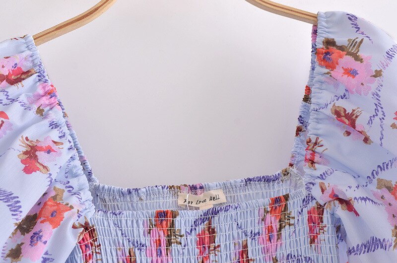 Print Bodice Blue Floral Asymmetrical Puff Sleeve Mini Dress