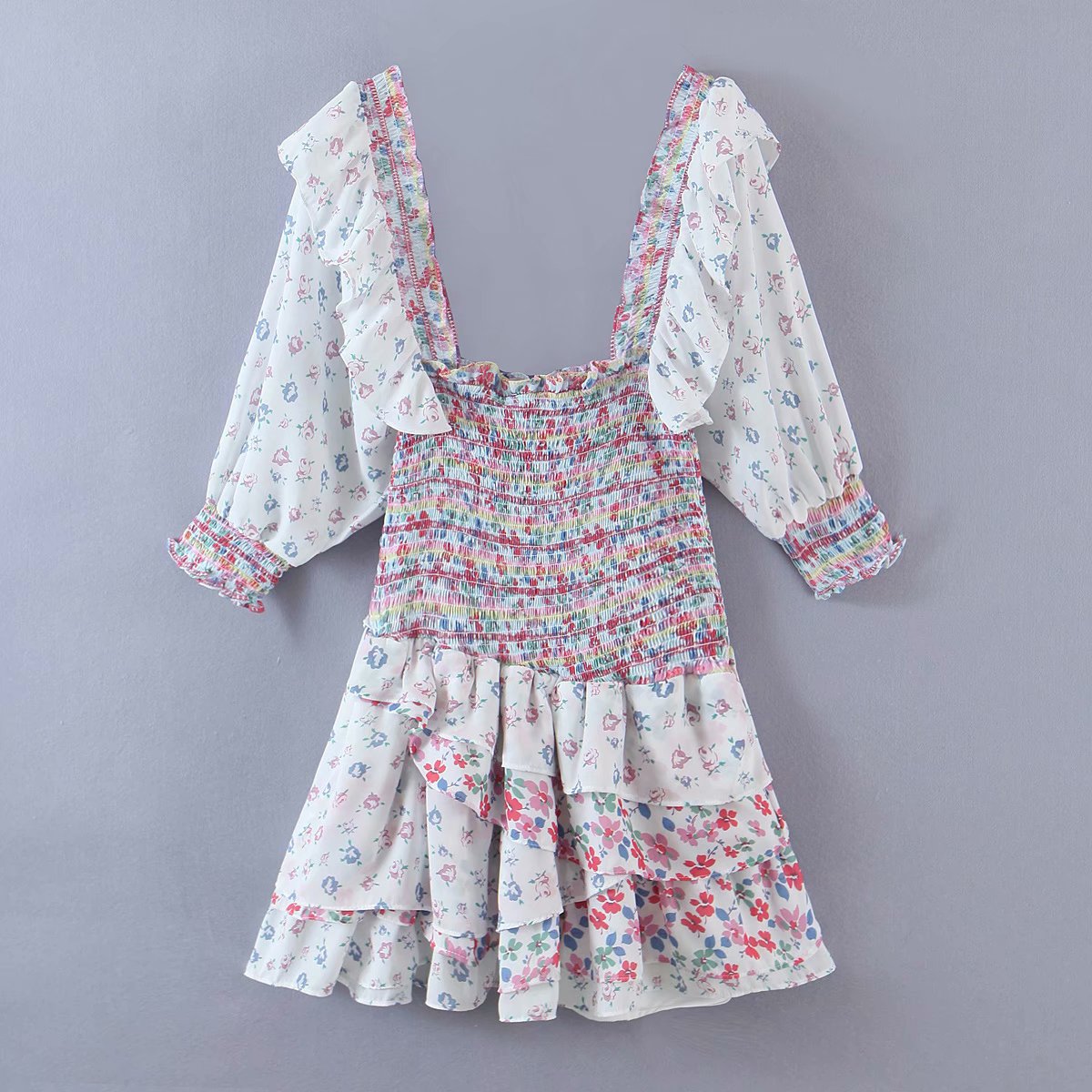 Square Neck Smocked Mixed Floral Prints Ruffled Women Holiday Dress
