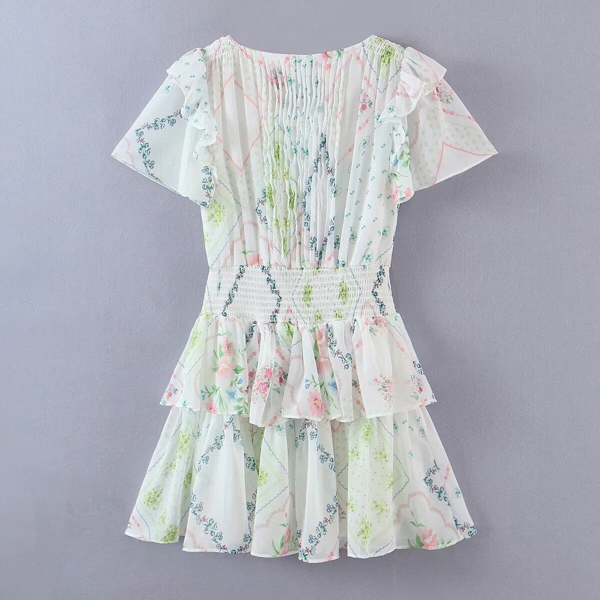 Pink/White Floral Print Ruffled Trims Dress