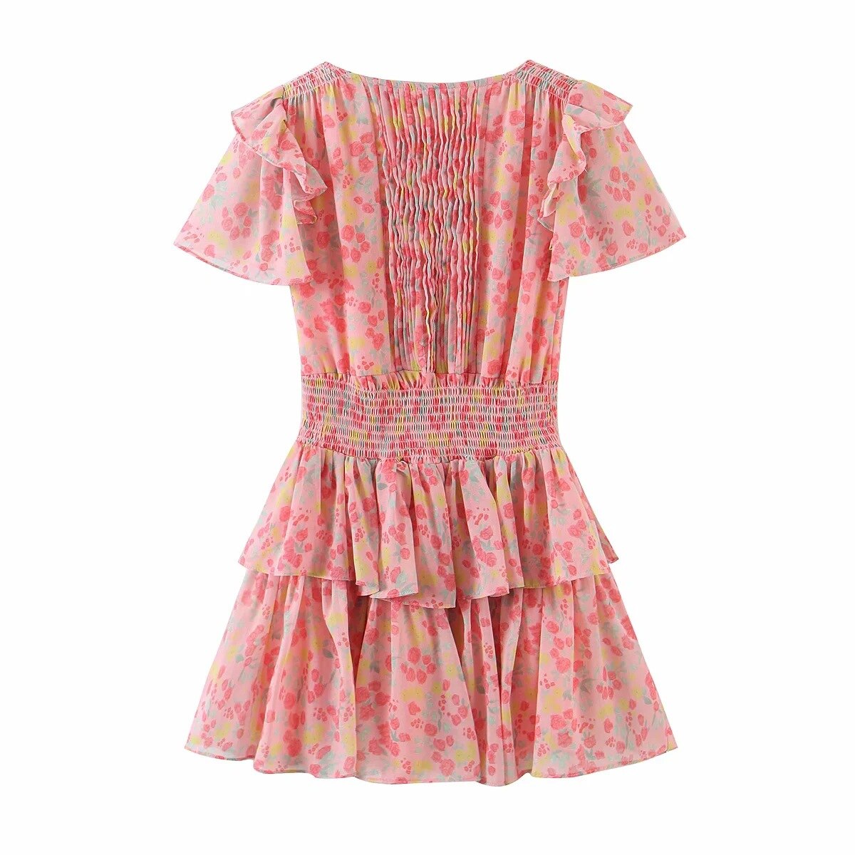 Pink/White Floral Print Ruffled Trims Dress