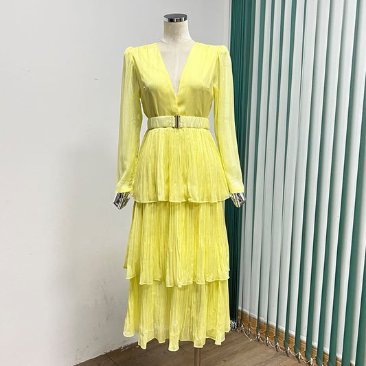 V-neck Long Sleeve Ruffled Elegant Dress