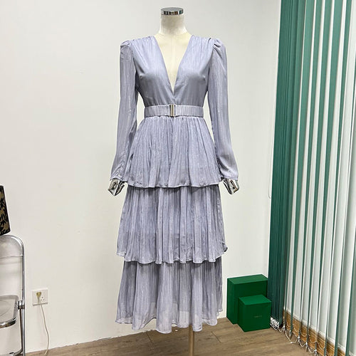 V-neck Long Sleeve Ruffled Elegant Dress