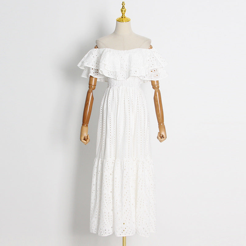 High Waist Hollow Out Ruffled Short Sleeve Long Dress
