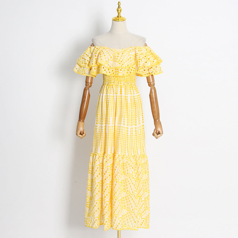 High Waist Hollow Out Ruffled Short Sleeve Long Dress