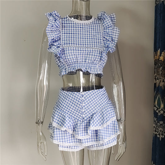 Cotton Plaid Ruffled Top and Short Women Sets