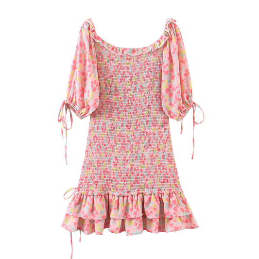 Short Sleeve Floral Print Pink A-line Women Mini Dress