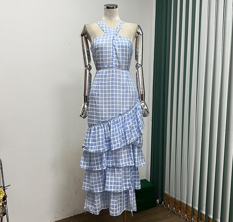 Halter Plaid Print Sleeveless Ruffled Fashion Asymmetric Long Dress