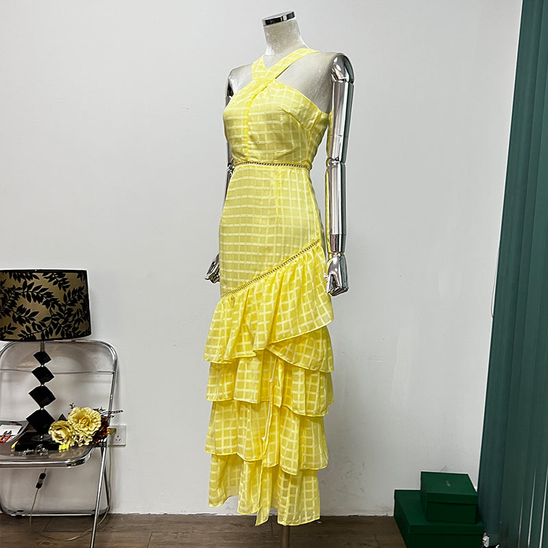 Halter Plaid Print Sleeveless Ruffled Fashion Asymmetric Long Dress