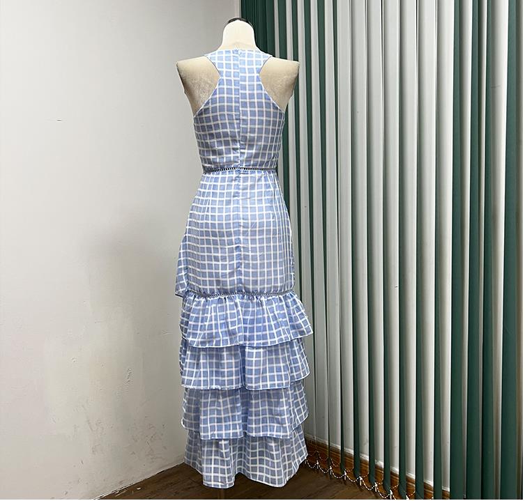 Halter Plaid Print Sleeveless Ruffled Fashion Asymmetric Long Dress