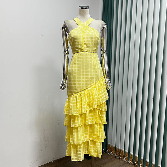 Halter Plaid Print Sleeveless Ruffled Fashion Asymmetric Long Dress