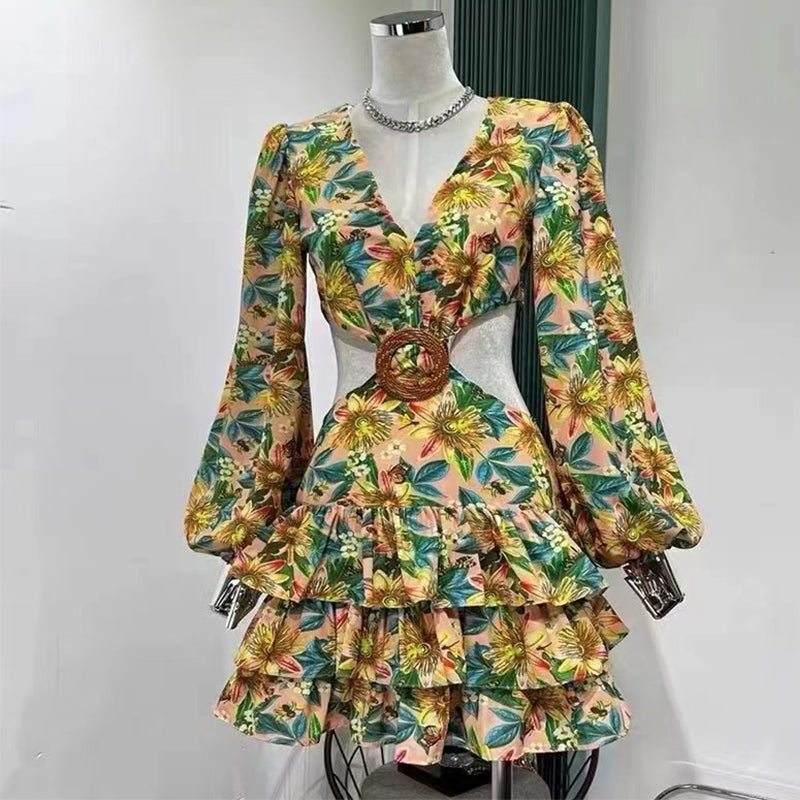 Puff Sleeve Solid Color Backless Fashion A-line Mini Dress