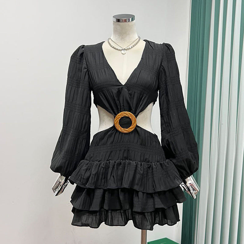 Puff Sleeve Solid Color Backless Fashion A-line Mini Dress