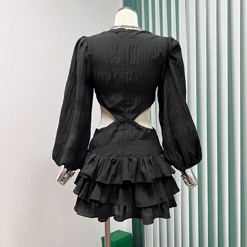 Puff Sleeve Solid Color Backless Fashion A-line Mini Dress