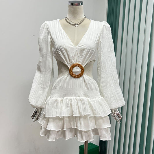 Puff Sleeve Solid Color Backless Fashion A-line Mini Dress