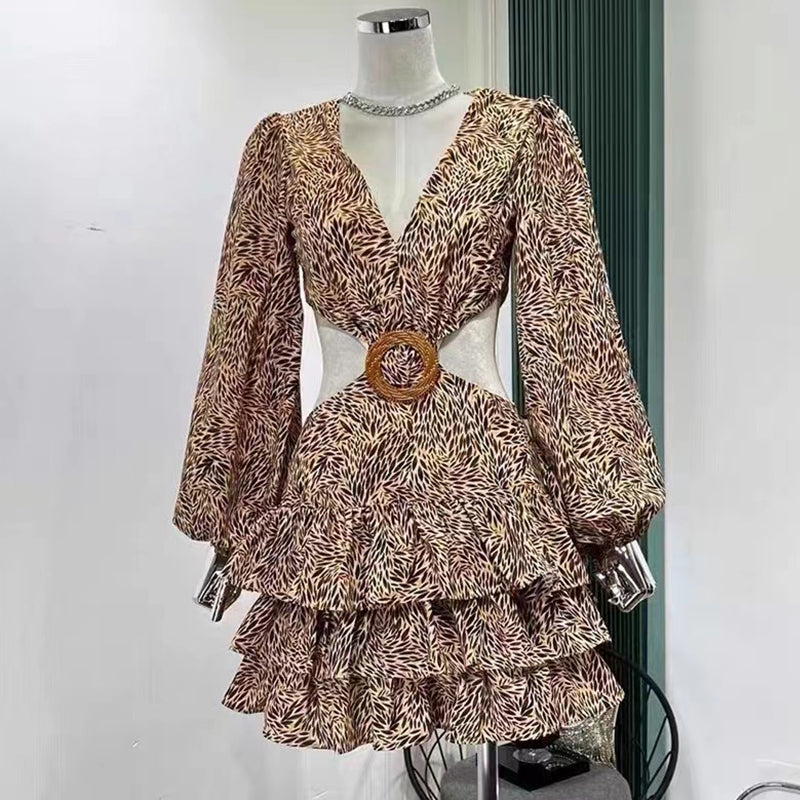 Puff Sleeve Solid Color Backless Fashion A-line Mini Dress