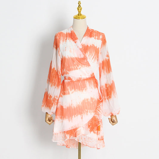 Colorful Floral Print V-neck Long Sleeve High Waist Mini Dress