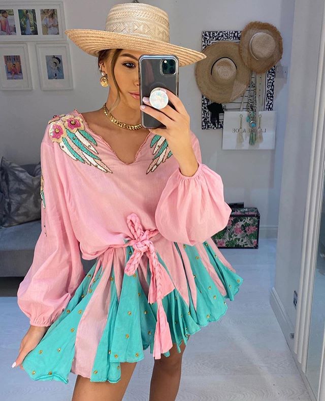 Women V-neck Cotton Patchwork Embroidery Long Sleeve Mini Dress