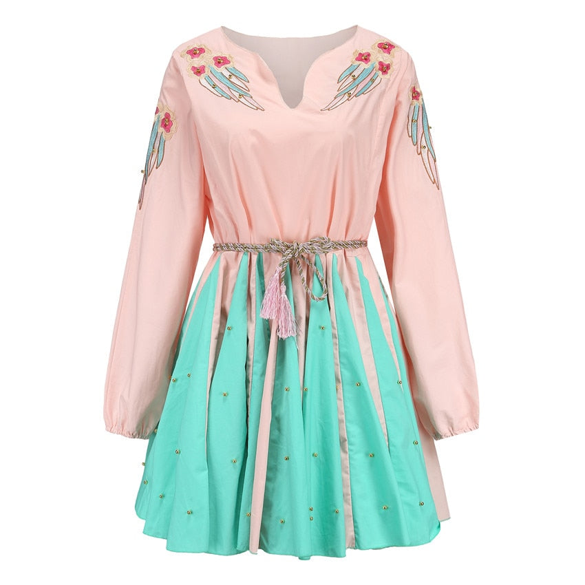 Women V-neck Cotton Patchwork Embroidery Long Sleeve Mini Dress