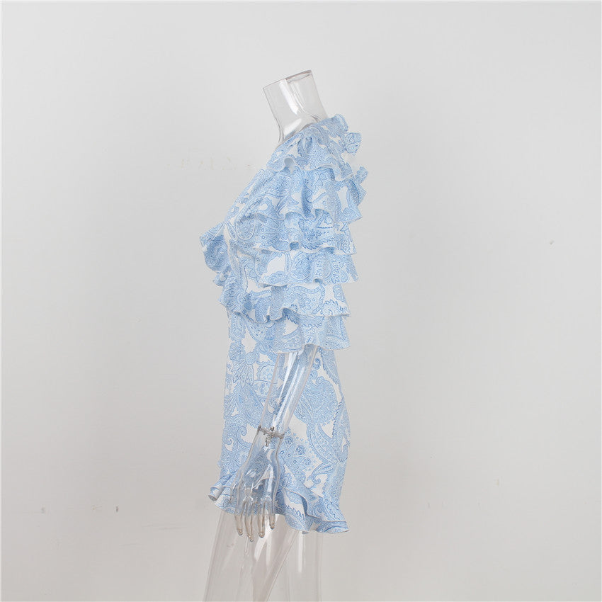Blue V-neck Sexy Backless Ruffle Playsuit Rompers
