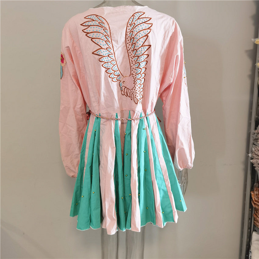 Women V-neck Cotton Patchwork Embroidery Long Sleeve Mini Dress