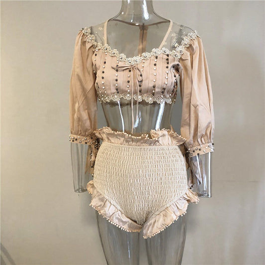 Women Cream Sets 1/2 Sleeve V-neck Top and Shorts