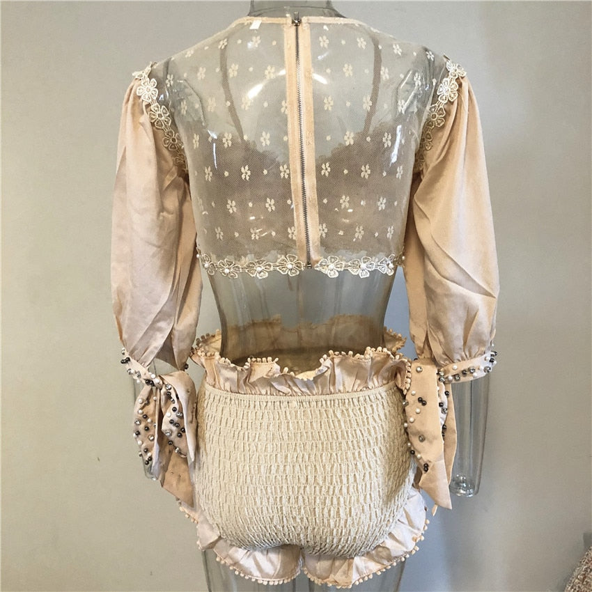 Women Cream Sets 1/2 Sleeve V-neck Top and Shorts
