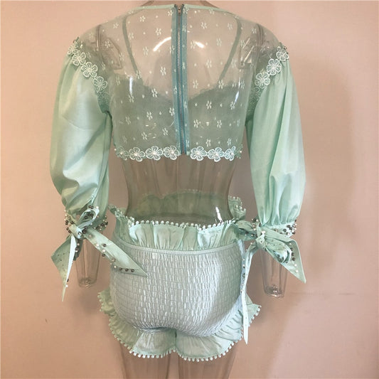 Women Green Sets 1/2 Sleeve V-neck Top and Shorts