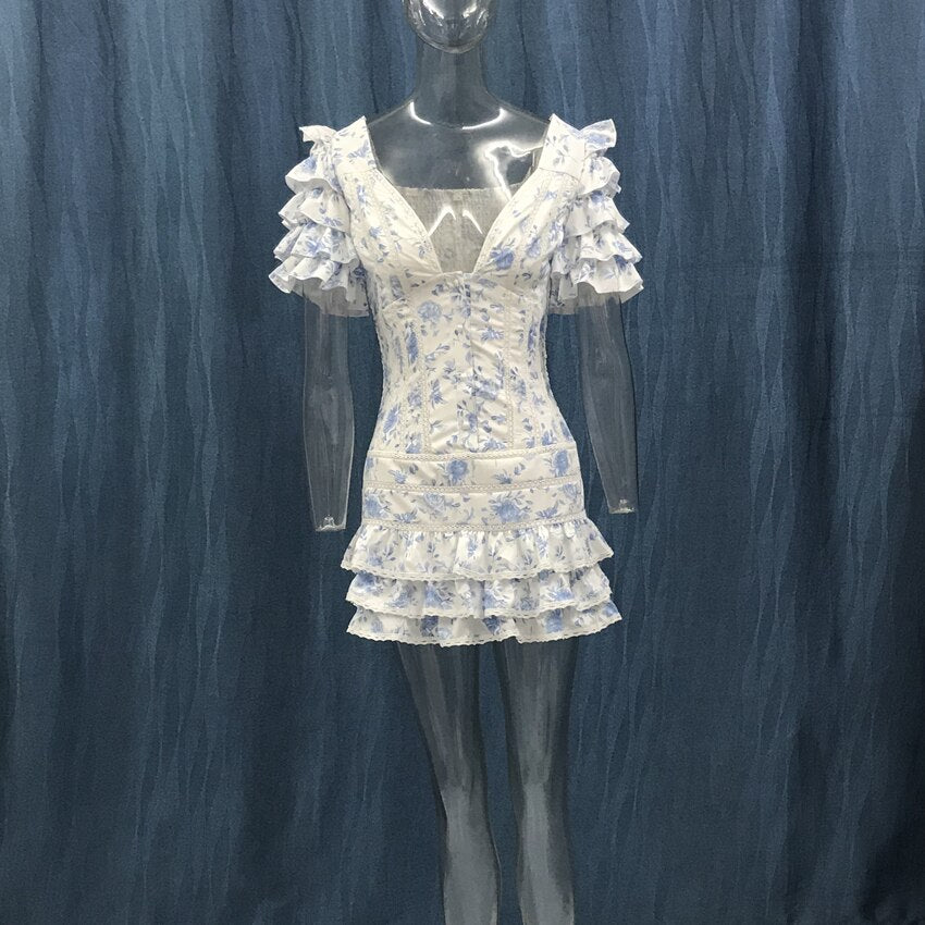 Short Sleeve Ruffle Blue Mini Dress