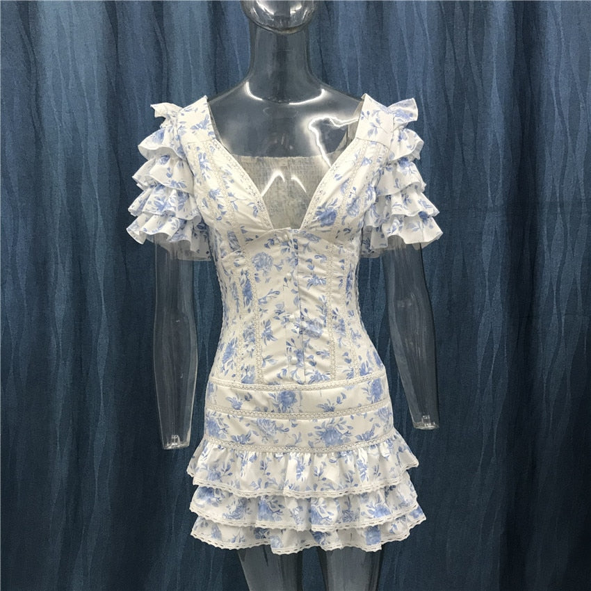 Short Sleeve Ruffle Blue Mini Dress