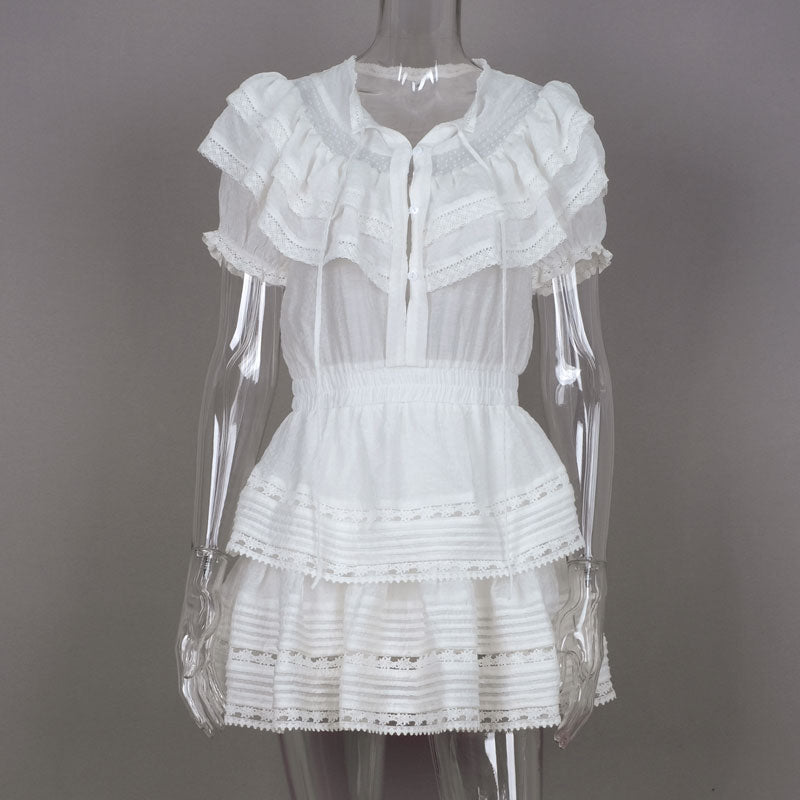 Short Sleeve White Lace Patchwork Mini Dress