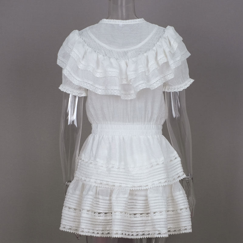 Short Sleeve White Lace Patchwork Mini Dress